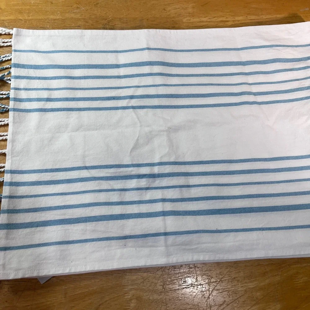 Williams Sonoma Blue White Striped Cotton Table Runner Tassel Fringe 100x19